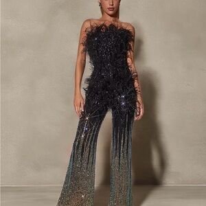 Strapless Black Feather & Sequin Jumpsuit